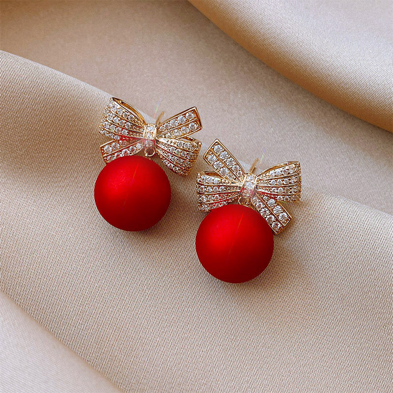 Wholesale Red Drop Earrings Bow Pearl Christmas Earrings