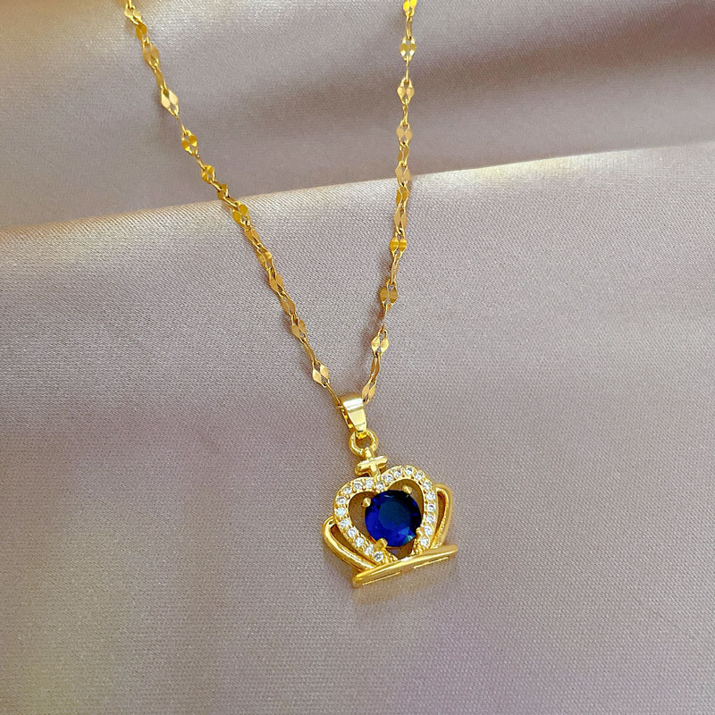 Titanium Steel Luxury Blue Crown Necklace With Zirconium And Real Gold Transit Clasp Chain Manufacturer