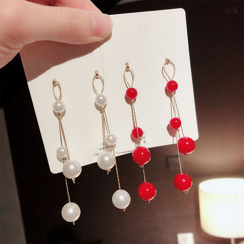 Wholesale Korean Version Of The Red Bead Earrings Sweet Long Tassel Earrings Imitation Pearl