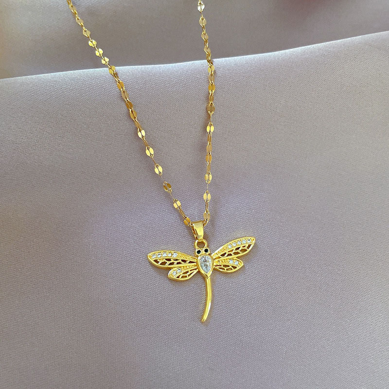 Titanium Steel Light Luxury Wisps Dragonfly Micro-setting Real Gold Necklace Transit Collarbone Chain Manufacturer