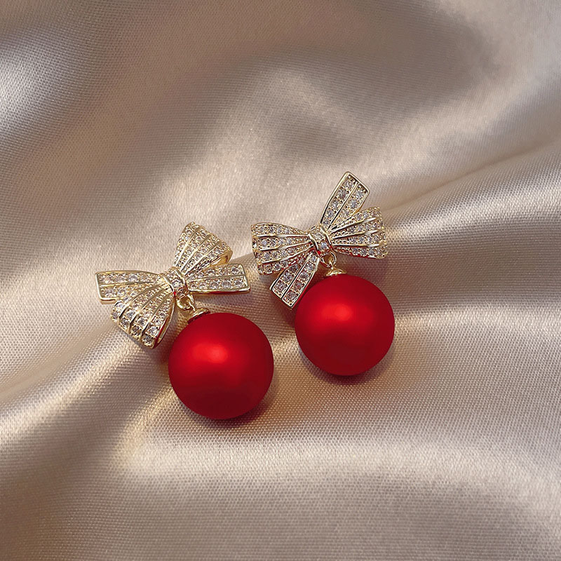 Wholesale Red Pearl Bow Stud Earrings 925 Silver Pin French Earrings