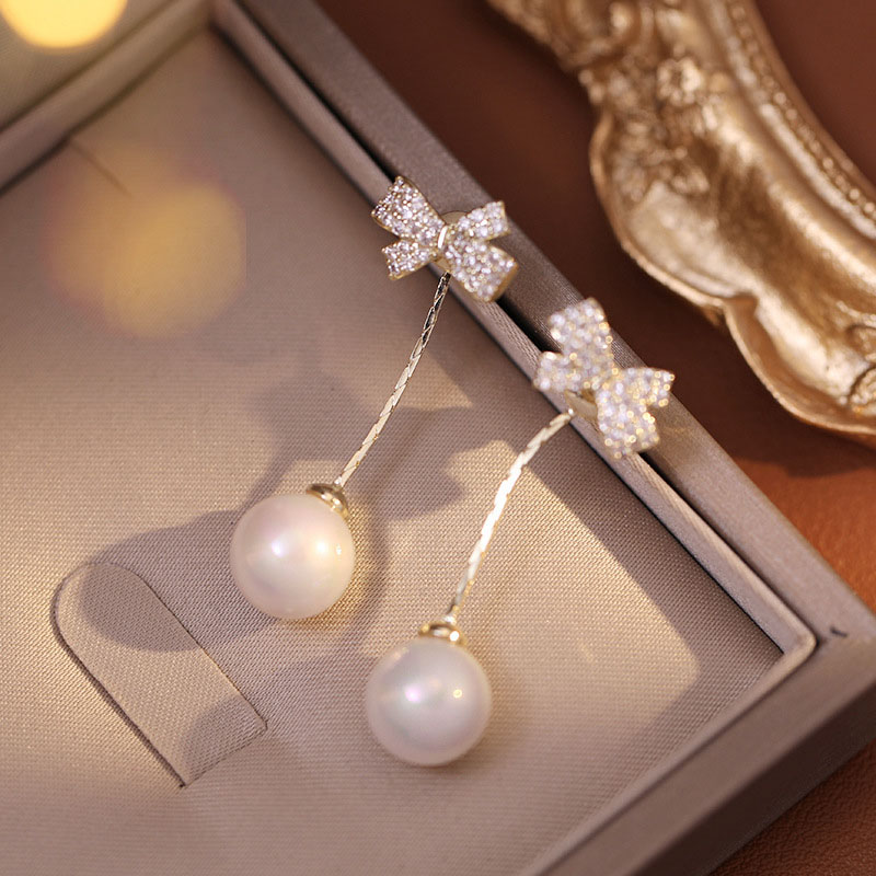 Korean Bow Pearl Long Earrings French High Sense Earrings Supplier