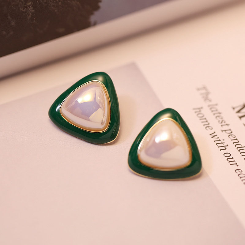 Wholesale Green Triangle Pearl Earrings With Exaggerated Design S925 Silver Pin