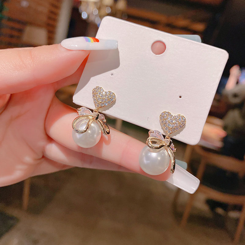 S925 Silver Pin Zirconia Set Love Pearl Bow Earrings Supplier