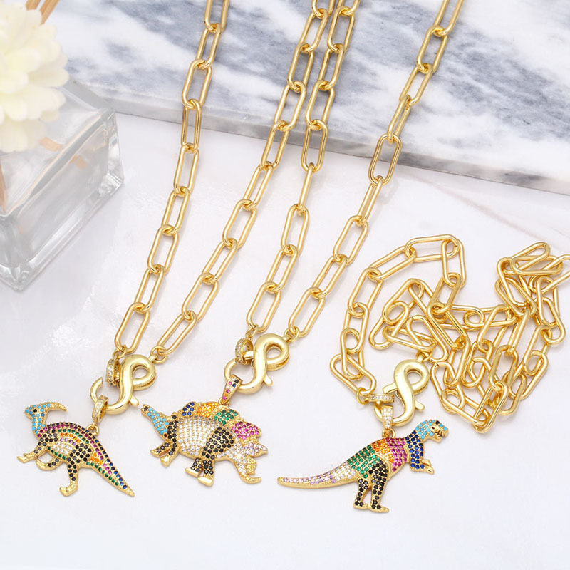 Hip-hop Zircon Personalized Punk With Colored Diamonds Dinosaur Necklace Supplier