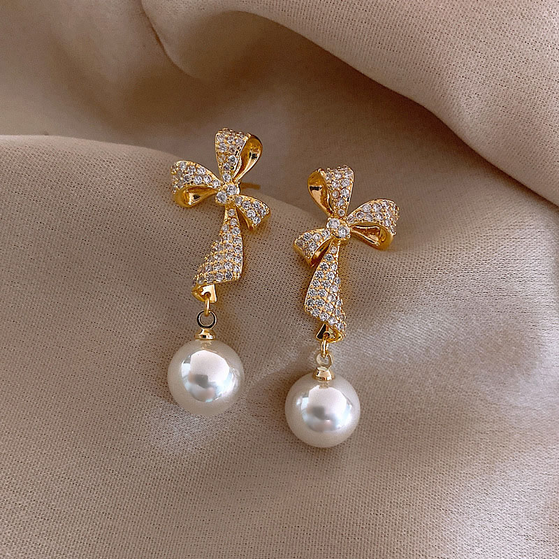 925 Silver Pin With Diamond Bow Pearl Earrings Fashionable And Elegant Earrings Supplier