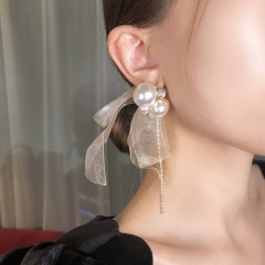 925 Silver Pin Pearl Bow Mesh Rhinestone Tassel Earrings Vintage Fashion And Elegance Supplier