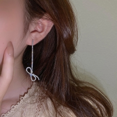 Wholesale 925 Silver Pin Asymmetric Bow Earrings Long Tassel With Diamond Earrings Simple