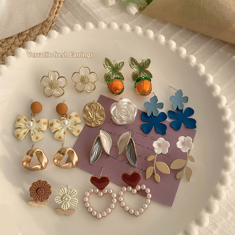 Wholesale Silver Pins Pearl Love Flower Bow Earrings Korean Sweet Earrings Simple Natural