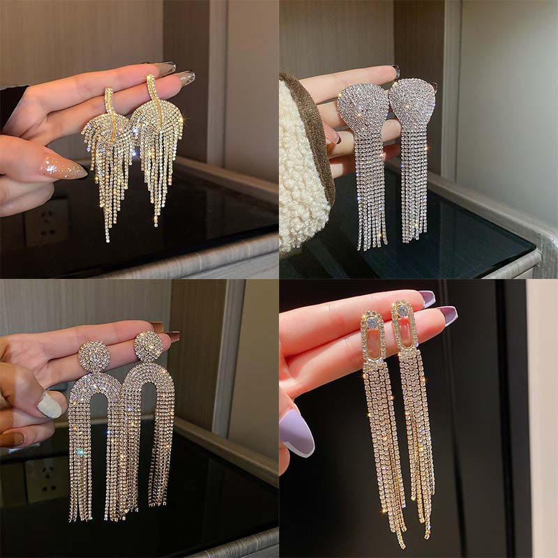 Wholesale Silver Pin Full Of Diamonds Long Tassel Personality Earrings