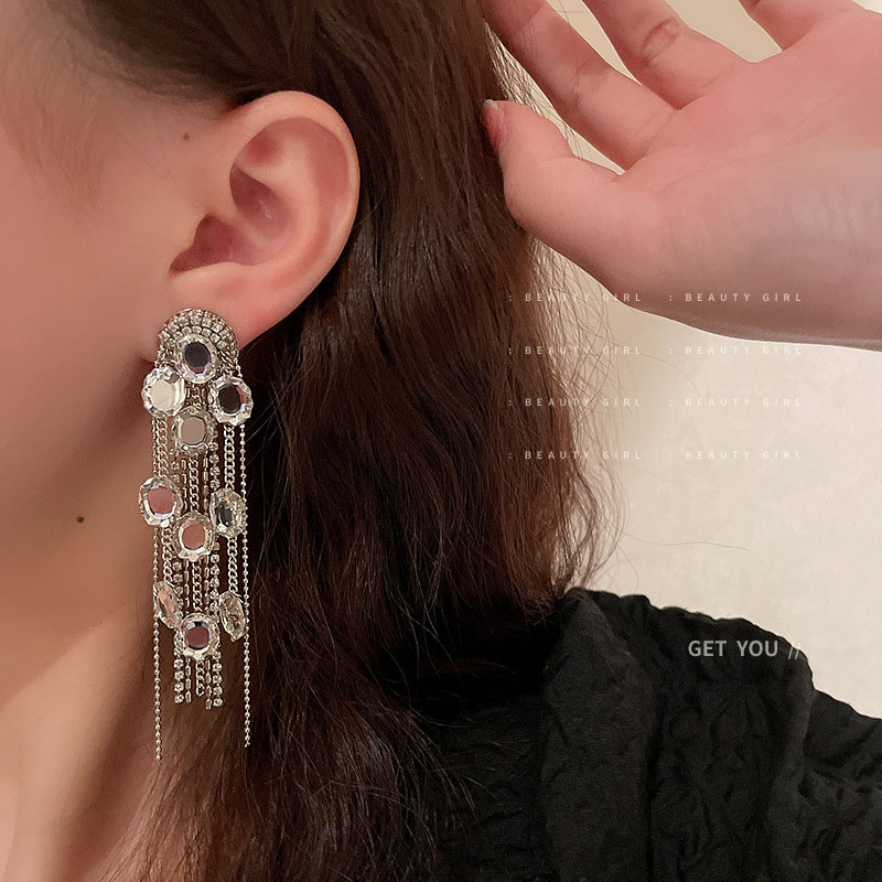 Wholesale Silver Pin With Diamond Crystal Tassel Earrings Personality Studs Fashion