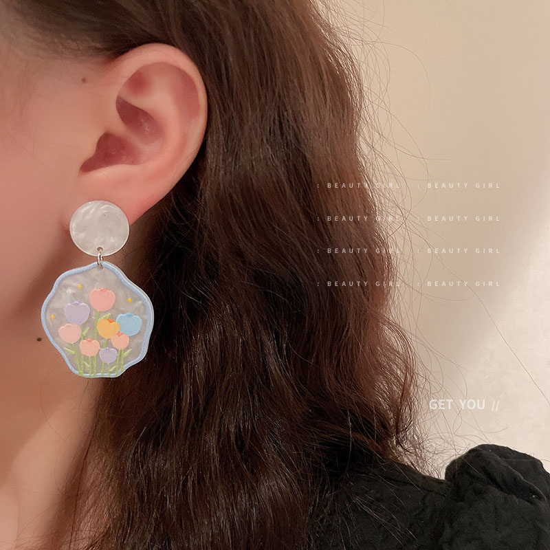 Wholesale Silver Pin Acrylic Print Geometric Flower Earrings Fashion Earrings