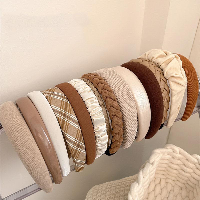Wholesale Hair Band High Cranial Top Sponge Wool Plaid Headband Vintage Brown