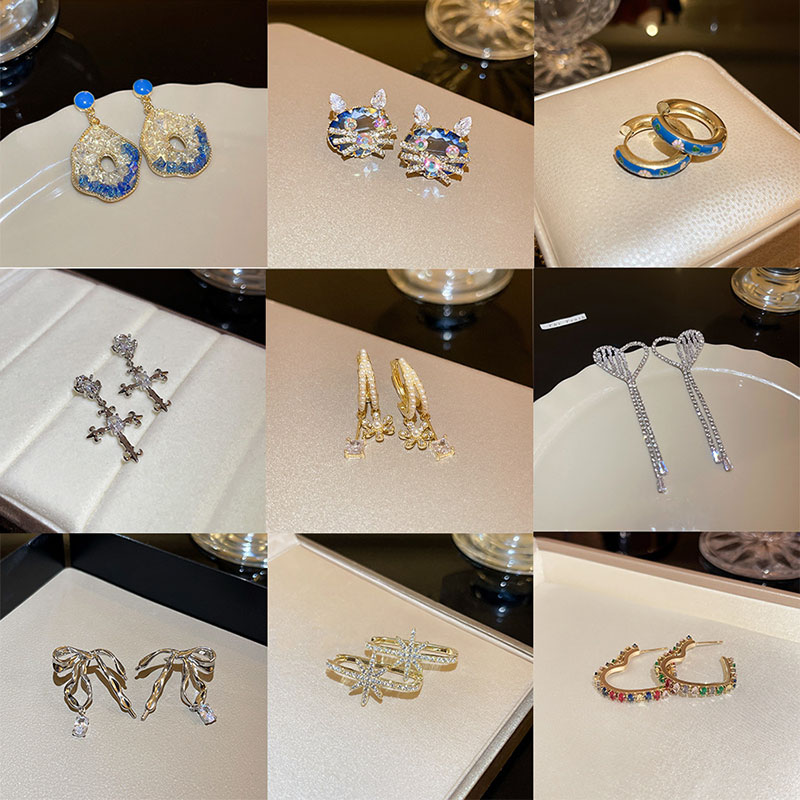 Wholesale Jewelry Silver Needles With Diamonds Zircon Geometric Earrings Korean Pearl Bow Love Letters