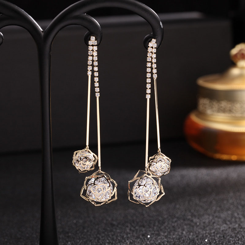 Wholesale Korean Fashion Hollow Rose Long Tassel Zirconia S925 Silver Pin Earrings