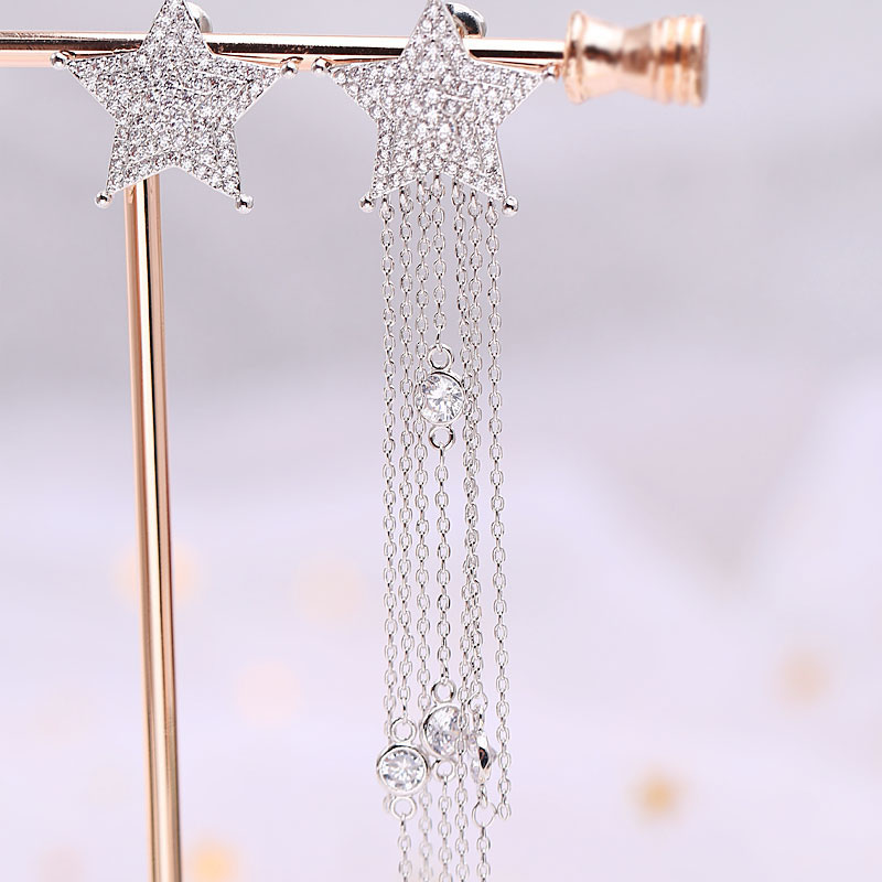 Wholesale Korean Micro-set Zirconia Star Tassel Asymmetric Earrings Long 925 Silver Pins
