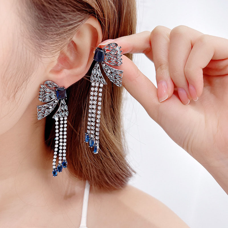Wholesale French Colorful Tassel Earrings Long Zirconia Vintage 925 Silver Pin Bow Earrings