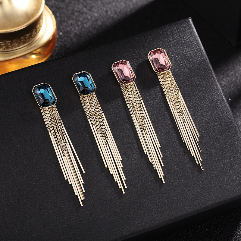 Wholesale Fashion S925 Silver Pin Long With Crystal Earrings Geometric Tassel Square Earrings