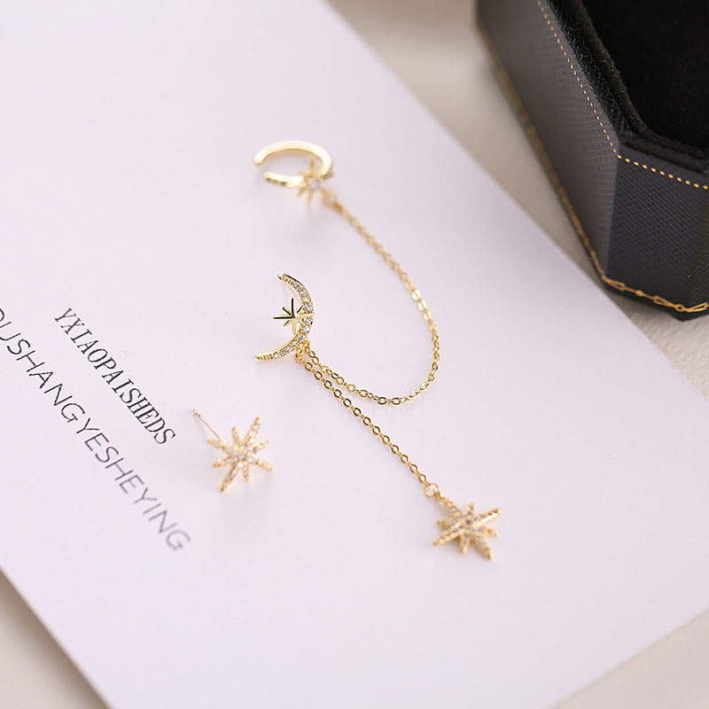 Wholesale Fashion Micro-set Diamond Star And Moon One-piece Earrings Earrings Bone Clips Silver Pin Earrings