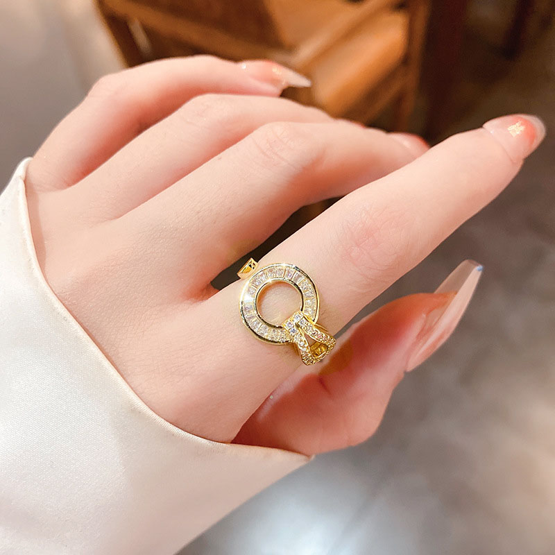 Wholesale Jewelry Real Gold Electroplated Zirconia Bow Double Open Ring Korean Version Of The Finger Ring