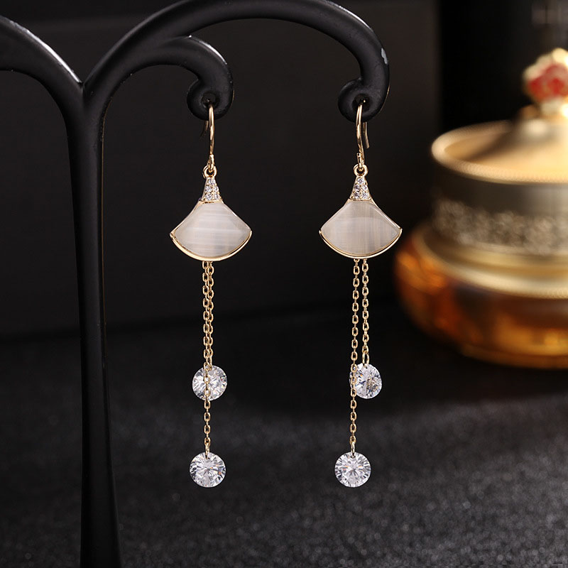 Wholesale Korean Cat's Eye Stone Fan-shaped 925 Silver Pin Ear Hook Tassel Skirt Earrings