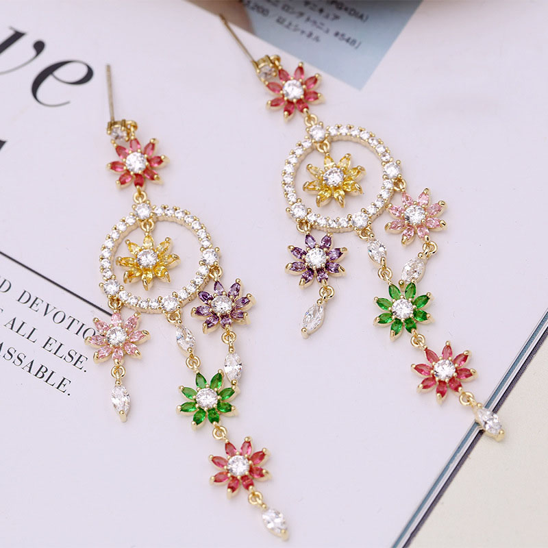 Wholesale Korean Version Of Colorful Zircon Flower Tassel Long Earrings 925 Silver Pin Earrings