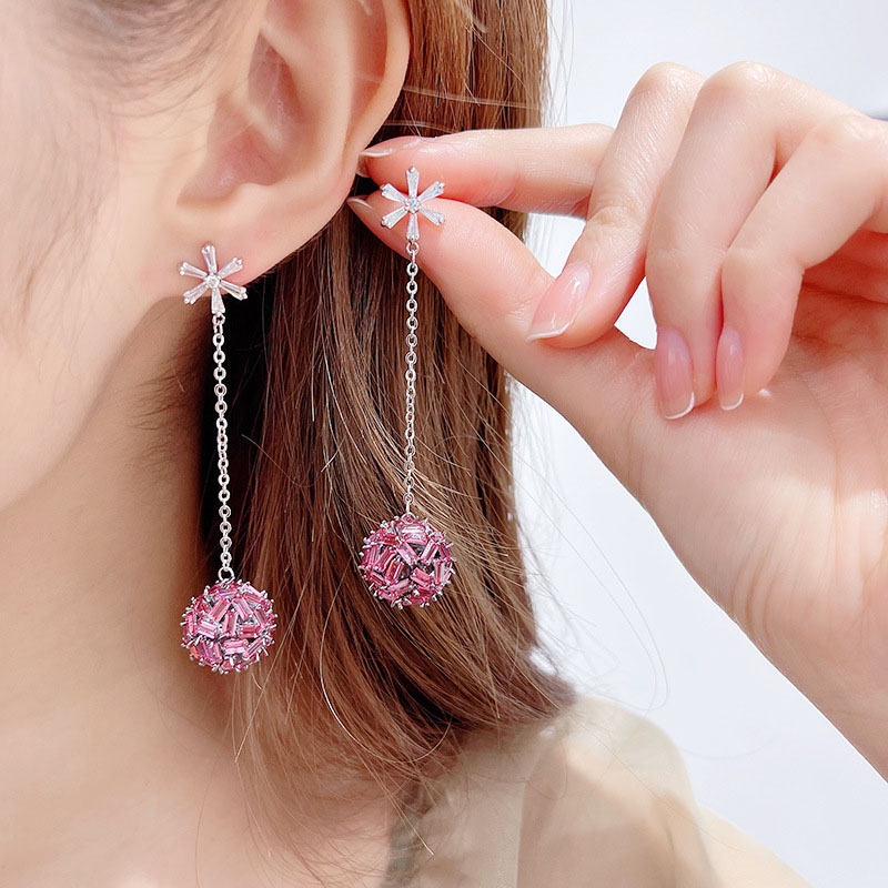 Wholesale Korean Colored Zircon Snowflake Long Earrings S925 Silver Pin Hollow Round Ball Earrings