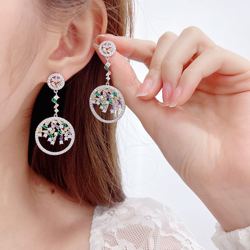 Wholesale Earrings Silver Needle Japanese And Korean Colorful Zirconia Circle Personality Fashion Long Earrings