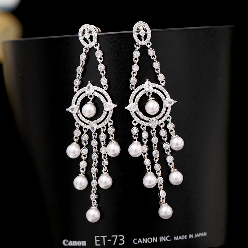 Wholesale S925 Silver Pin Pearl Long Tassel Heavy Zircon Earrings