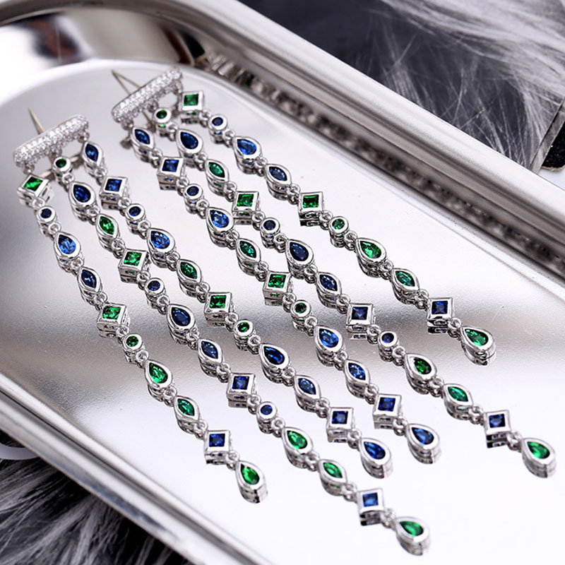 Wholesale Exaggerated Colorful Geometric Tassel Earrings S925 Silver Needles Colored Zirconia Long Earrings Vintage