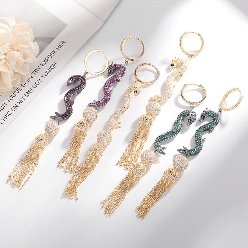 Wholesale Ethnic Style Exaggerated Geometric Circle Earrings Colored Zirconia Tassel Silver Pin Dragon Earrings