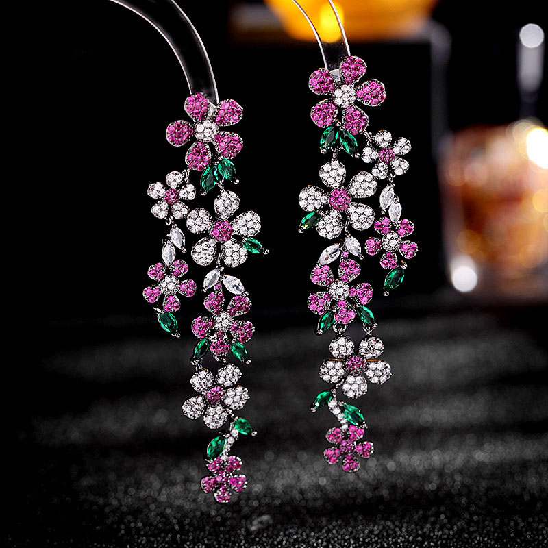 Wholesale S925 Silver Pin Luxury Earrings With Micro Zirconia Flower Long Earrings