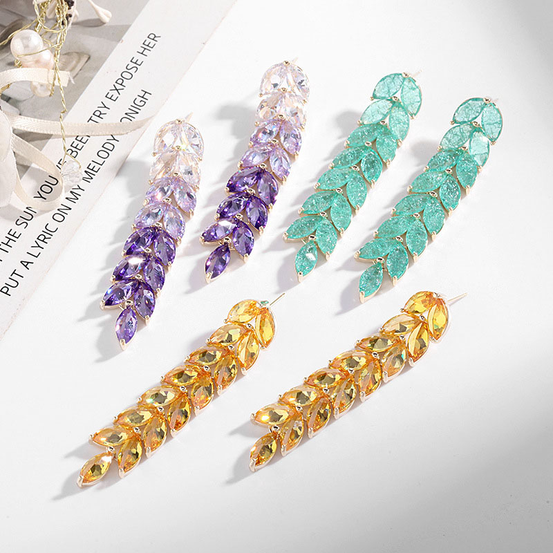 Wholesale Long Leaf Tassel S925 Silver Pin Colorful Purple Gradient Zirconia Wheat Earrings