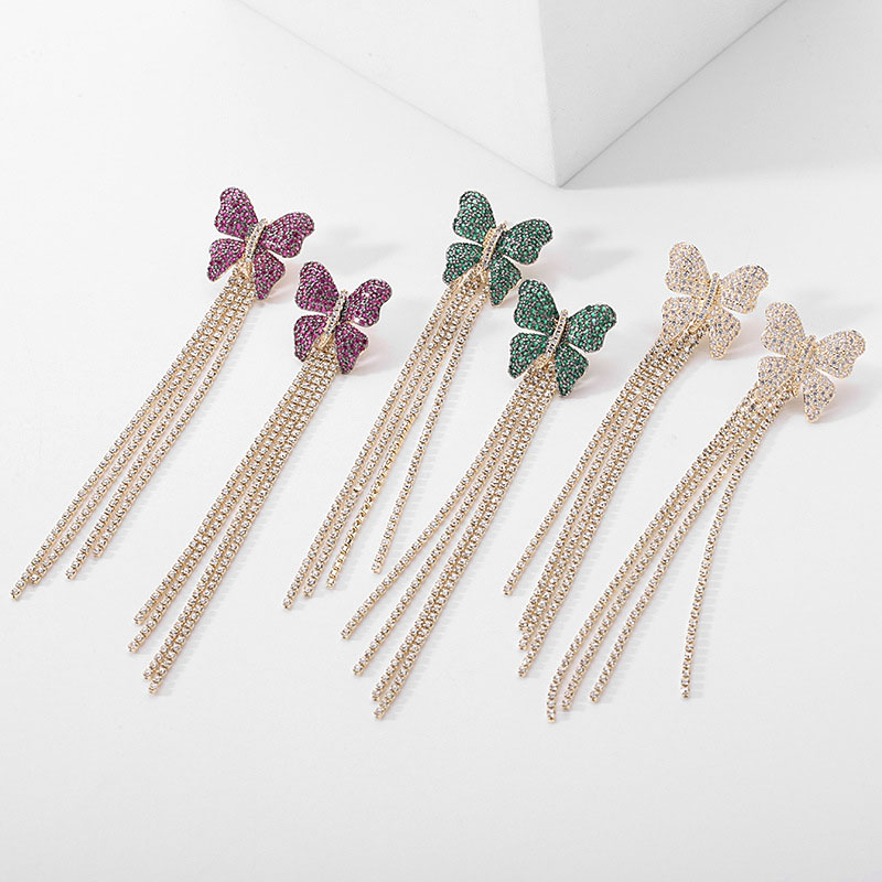 Wholesale Micro-set Dense Zirconia Two-color Temperament Long Silver Pin Two Wear Butterfly Tassel Earrings