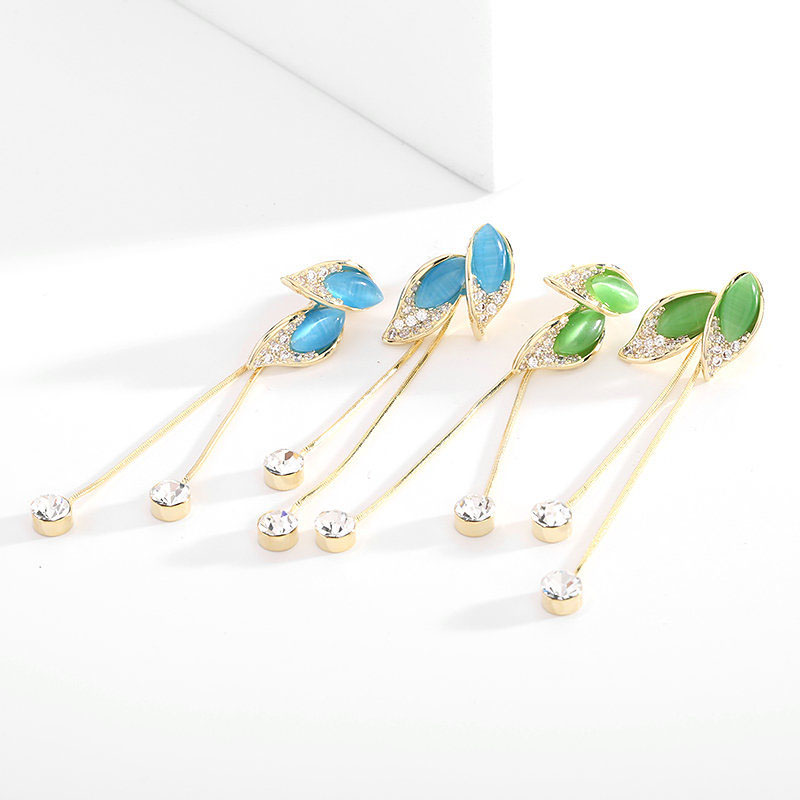 Korean Version Of The Cat's Eye Stone Leaves Long Paragraph Tassel Back Hanging Earrings A Multi-wear Earrings Distributor