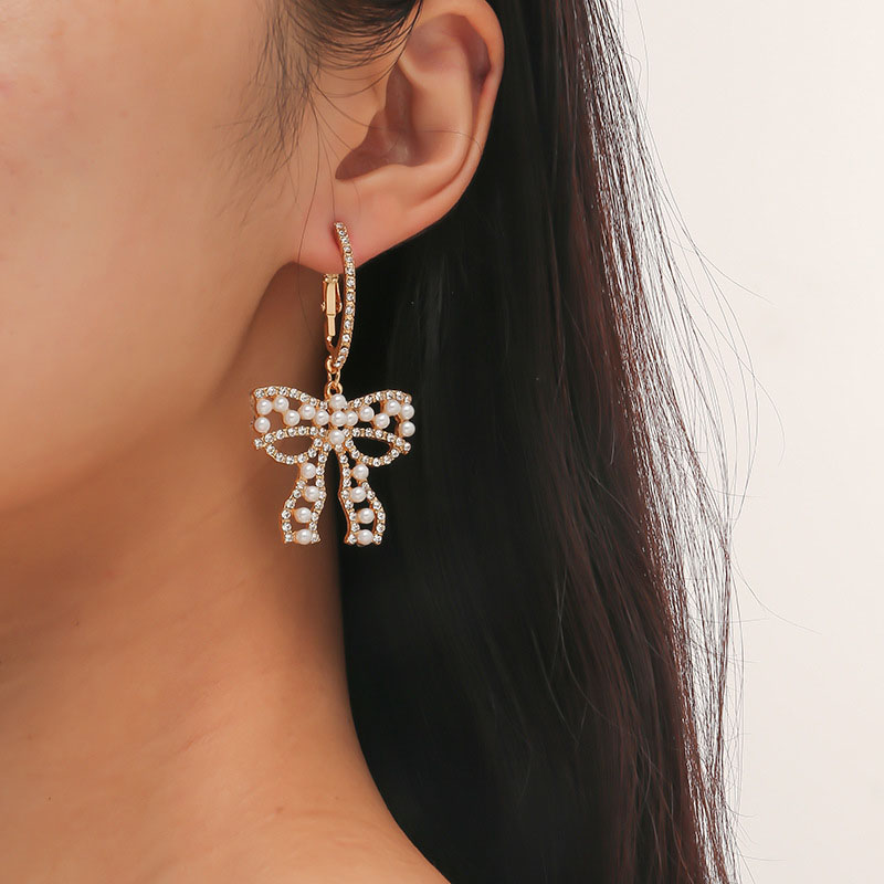 Korean Fashion With Diamonds Tassel Simple Bow Pearl Earrings Distributor