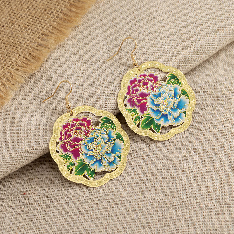 Personalized Exaggerated Fashion Retro Ethnic Colorful Geometric Shape Hollow Flower Earrings Distributor