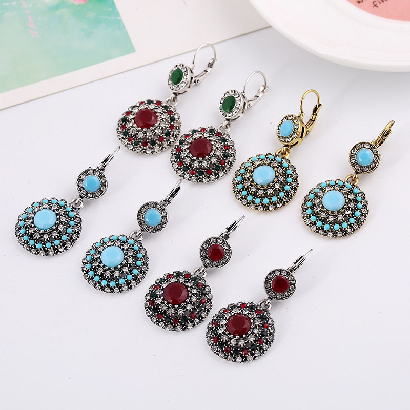 Retro Fashion Personality Flowers With Diamonds Earrings Bohemian Ethnic Turquoise Earrings Distributor