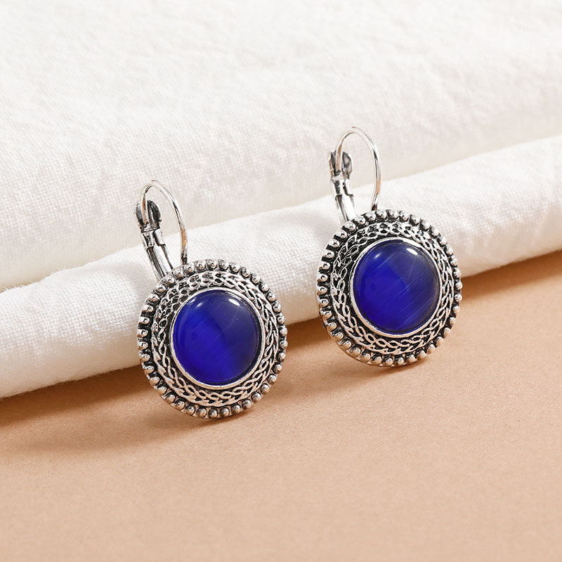 Fashion Bohemian Ethnic Vintage Exaggerated Cat's Eye French Buckle Earrings Antique Silver Manufacturer