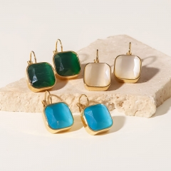 Wholesale French Titanium Steel 18k Gold Plated Stainless Steel Square Colored Opal Cat's Eye Pendant Earrings