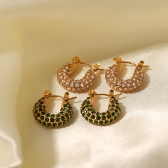 Wholesale French Fashion 18k Gold Plated Stainless Steel With Green And White Square Crystal Zirconia Hoop Earrings