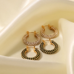 Wholesale French Fashion Hoop Pave White Green Diamond Stainless Steel Earrings