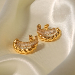 Wholesale Titanium Steel 18k Gold-plated Stainless Steel C-shaped Twist Inlaid White Zircon Earrings