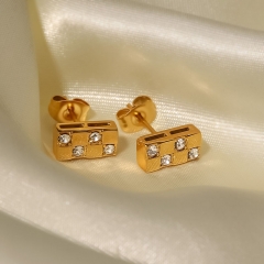 Wholesale Titanium Steel Stainless Steel 18k Gold Plated Rectangular Stud Earrings With Diamonds