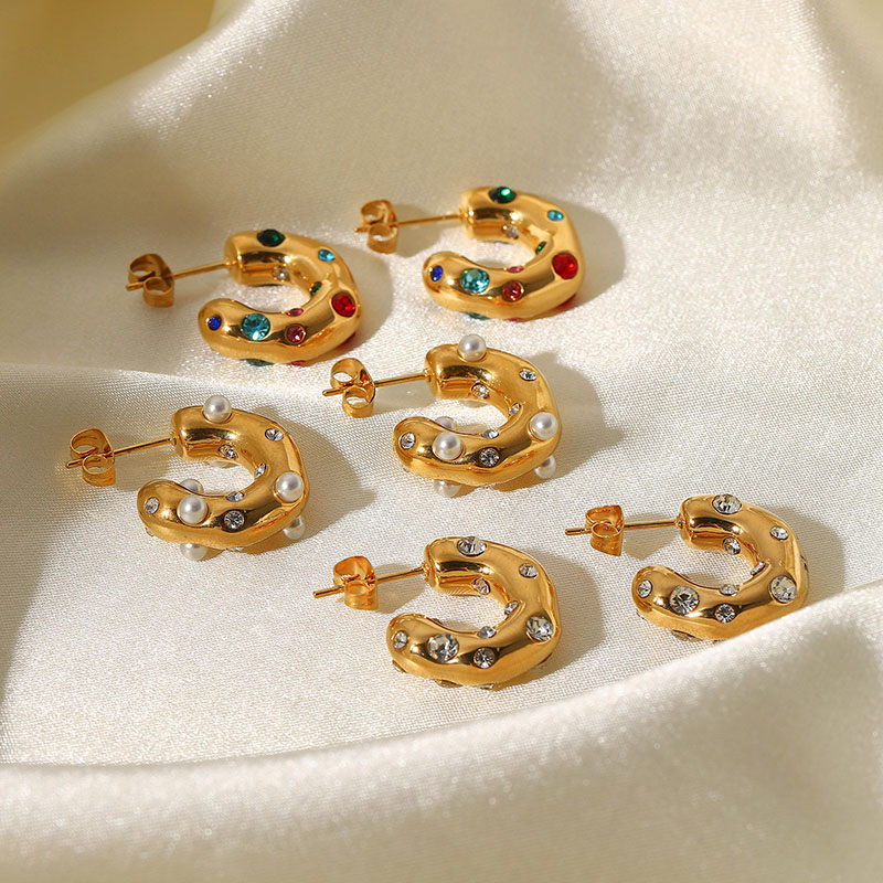 Wholesale Shaped Hammered With Zircon With Pearls C-shaped Earrings Hoop 18k Gold Stainless Steel Earrings