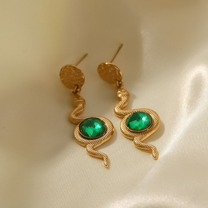 Wholesale Titanium Steel 14k Gold Plated Stainless Steel Hammered Snake Green Zircon Dangle Earrings