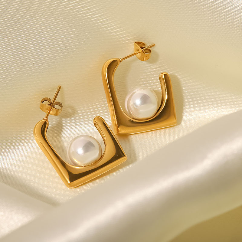 Wholesale French 18k Gold Plated Stainless Steel Square Spoon White Pearl Punk Earrings