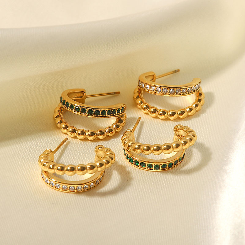 Wholesale French 18k Gold-plated Stainless Steel Fashion C-shaped Double Layer Gold Beads With Green And White Diamonds Earrings