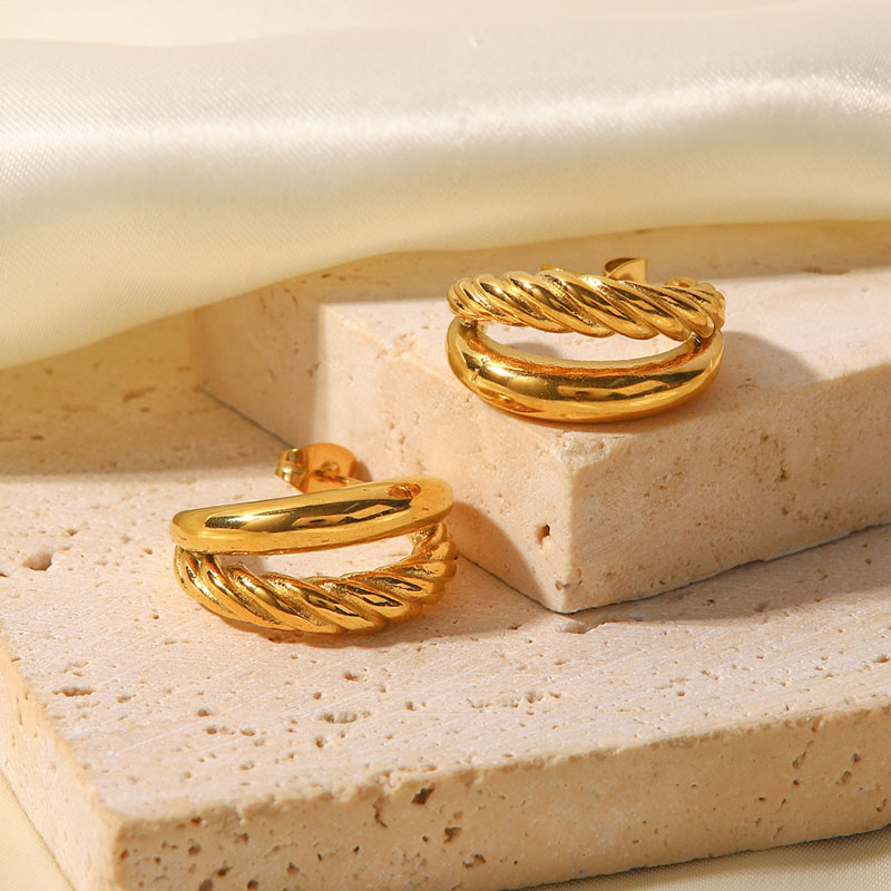 Wholesale Jewelry 18k Gold Irregular Double Twist C-shaped Earrings Vintage Earrings