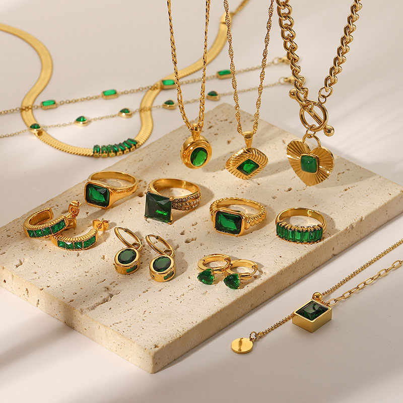 Wholesale Fashion Vintage Green Zircon Necklace Earrings Bracelet Ring Stainless Steel